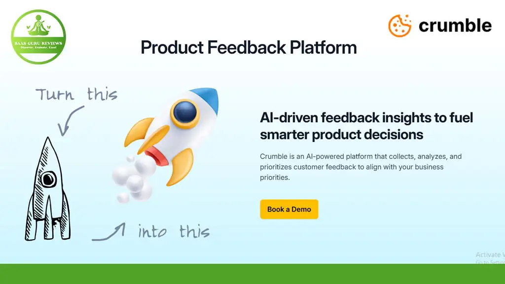 A promotional graphic for Crumble, an AI-driven product feedback platform, featuring a rocket illustration and a "Book a Demo" button.