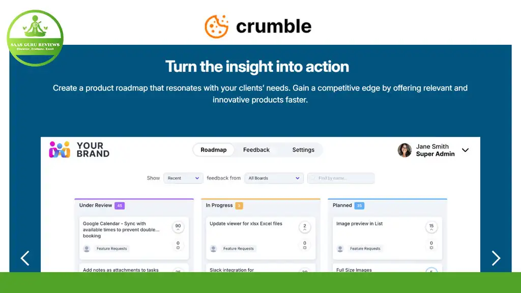 Screenshot of a product management tool homepage with sections labeled "Under Review," "In Progress," and "Planned." The page includes company branding and a user profile on the right.