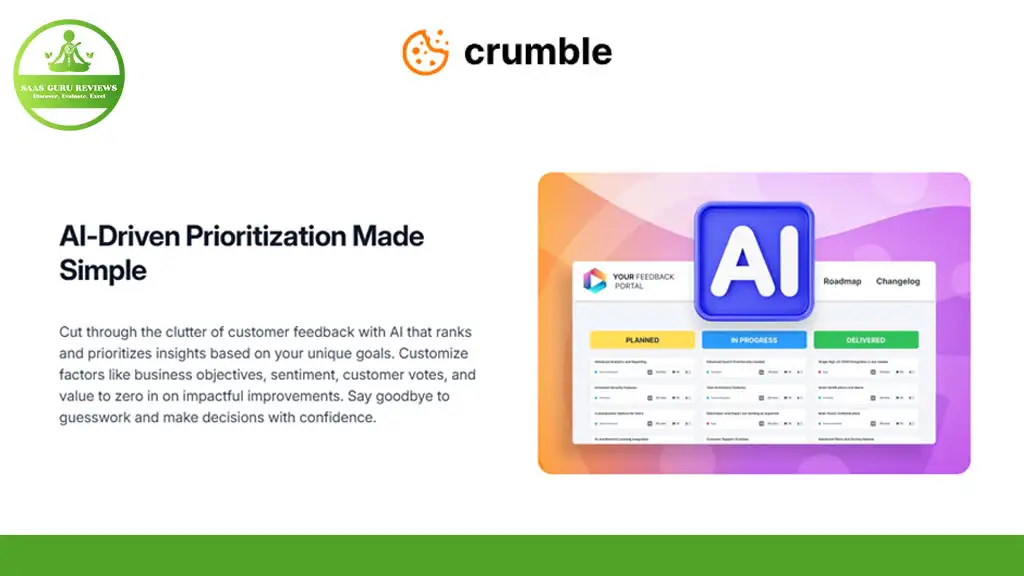 An advertisement for Crumble, showcasing AI-driven prioritization software with a dashboard interface, aiming to streamline customer feedback processes.