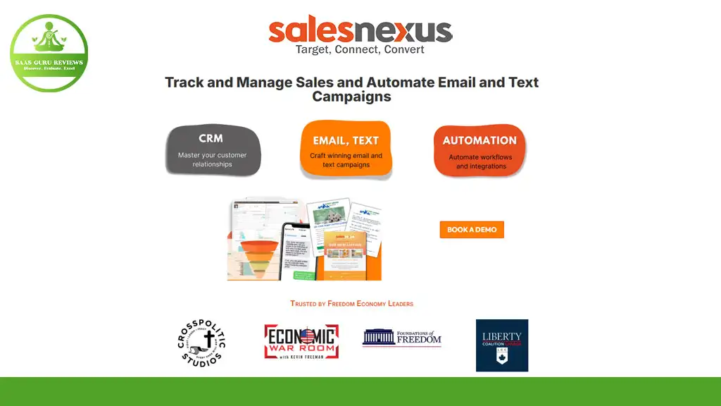 SalesNexus website homepage with sections on CRM, Email/Text campaigns, and Automation, featuring a demo button and logos of affiliated partners at the bottom.