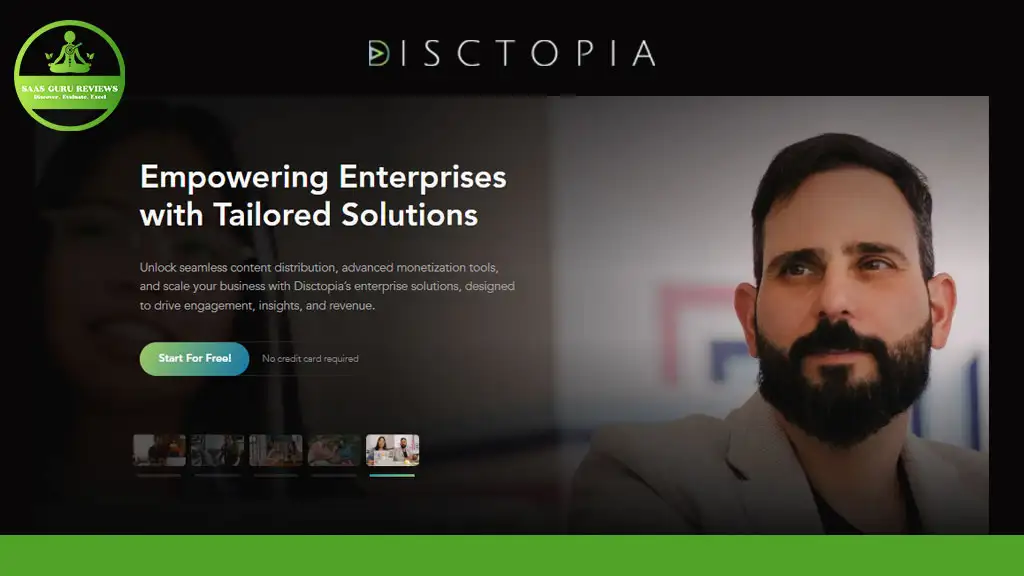 DiscTopia webpage showcasing a man on the right, emphasizing "Empowering Enterprises with Tailored Solutions" with a call-to-action button for a free start.