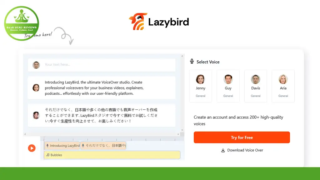 Screenshot of a Lazybird VoiceOver Studio interface with a text entry field on the left and selectable voice options on the right, featuring characters Jenny, Guy, Davis, and Aria.