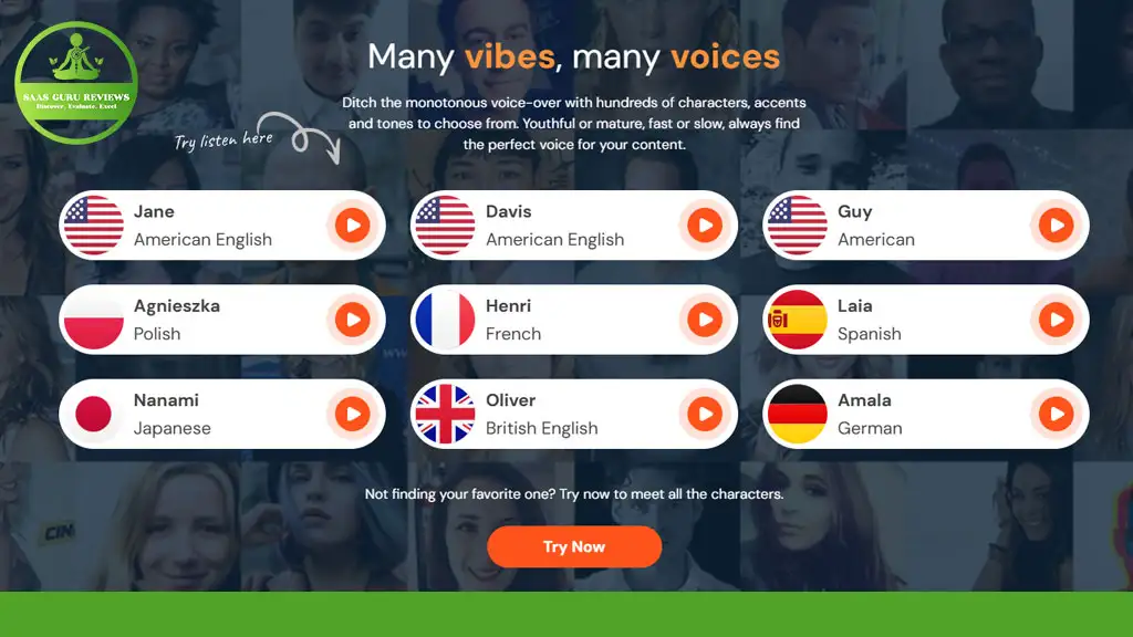 A selection of voice options with names, accents, and flags: American, Polish, Japanese, French, British, Spanish, German. A "Try Now" button is at the bottom.