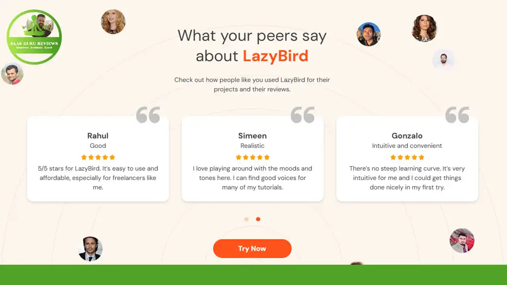 Testimonials for LazyBird with user reviews: Rahul finds it easy and affordable; Simeen likes its realism; Gonzalo appreciates its intuitive nature. Three user photos are shown.