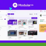 Screenshot of a digital design platform interface called Modular DS, showing project thumbnails, a filter option, and a storage use indicator against a purple and green background.