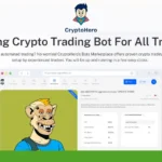 CryptoHero webpage showcasing a cartoon character and text about a trading bot for all traders, with a browser window displaying the bot's interface.