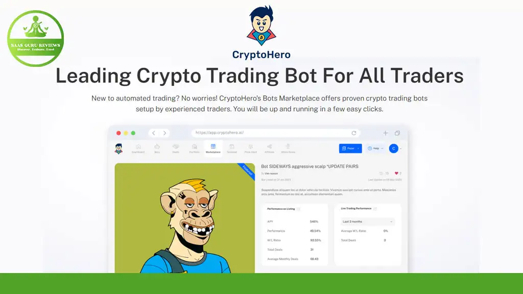 CryptoHero webpage showcasing a cartoon character and text about a trading bot for all traders, with a browser window displaying the bot's interface.