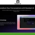 Screenshot of Scankart AI webpage, highlighting features like effortless chatbot creation, integration, and interaction. Includes a section on powering up AI knowledge with various data sources.