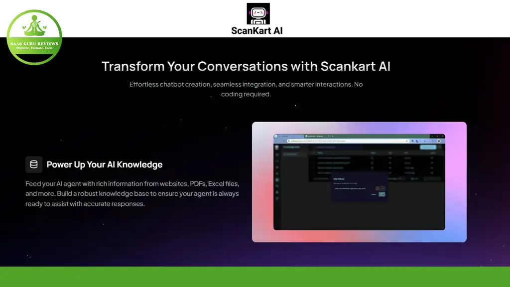 Screenshot of Scankart AI webpage, highlighting features like effortless chatbot creation, integration, and interaction. Includes a section on powering up AI knowledge with various data sources.