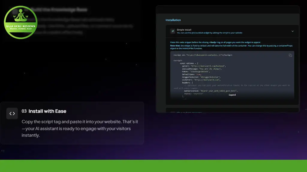 Screenshot of a code snippet for AI web integration, labeled "3 Install with Ease." Includes a logo in the top left corner.