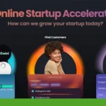 Online Startup Accelerator banner showing options: Get Funded, Find Customers, and Build Product, each with visuals and brief descriptions.