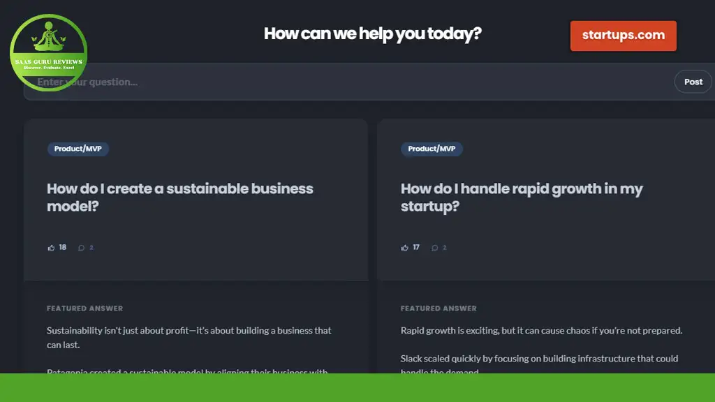 Screenshot of a help forum interface featuring two questions related to startup strategies, focusing on sustainable business models and managing rapid growth, with a search bar at the top.
