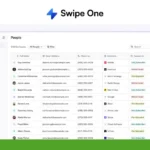 Screenshot of a contact management interface with a list of names, emails, phone numbers, and companies under the "Swipe One" header.