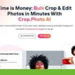 Experience the future of photography workflow with Crop.Photo AI. Watch as a woman expertly demonstrates how our AI-powered tool effortlessly handles editing and background removal, even for bulk image editing. Transform your photos with ease and precision!.