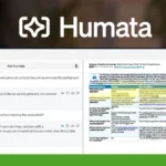 Screenshot of the Humata interface, showing a text interface on the left with questions and a highlighted text document on the right. A "Sasu Girl Reviews" logo is at the top left.