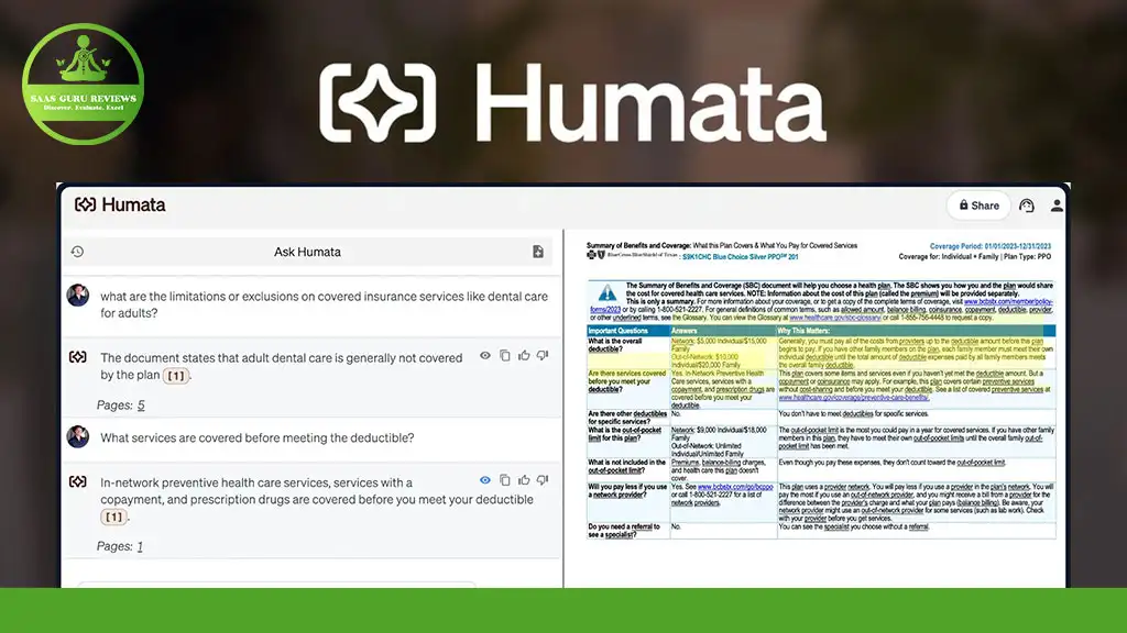 Screenshot of the Humata interface, showing a text interface on the left with questions and a highlighted text document on the right. A "Sasu Girl Reviews" logo is at the top left.