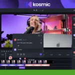 A woman with headphones engages in video editing, navigating a collaborative interface with a comment panel and timeline. The screen showcases the "Kosmic" logo and "Kali Guru Reviews" badge, powered by Kosmic AI for enhanced video creation.