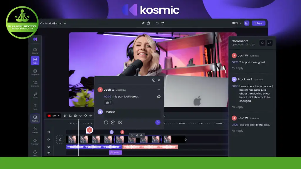 A woman with headphones engages in video editing, navigating a collaborative interface with a comment panel and timeline. The screen showcases the "Kosmic" logo and "Kali Guru Reviews" badge, powered by Kosmic AI for enhanced video creation.