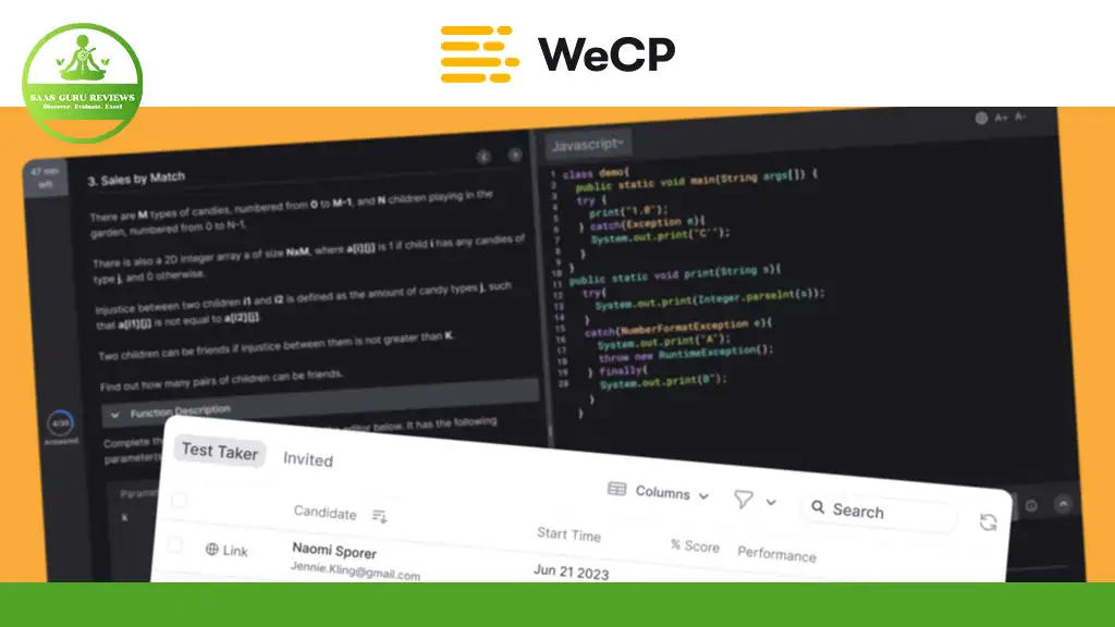 Screenshot of a coding assessment platform interface, where talent can discover their potential. It features a code editing panel on the right and a test invitation list at the bottom, branded with a green logo and WeCP logo at the top.
