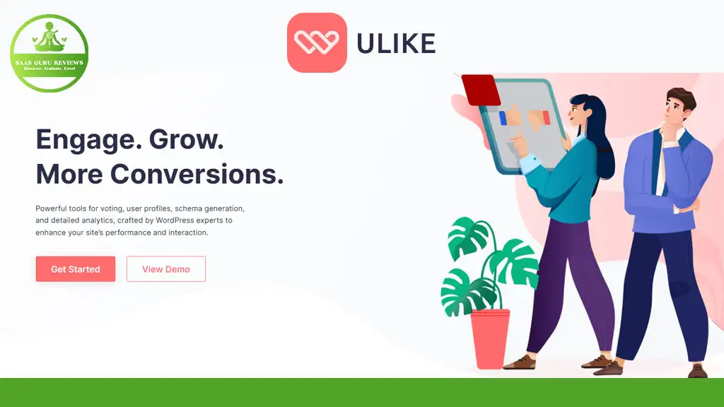 Two people stand near a large clipboard, engaging with charts and graphs. Text highlights features of a tool called ULIKE for enhancing site performance and user interaction.