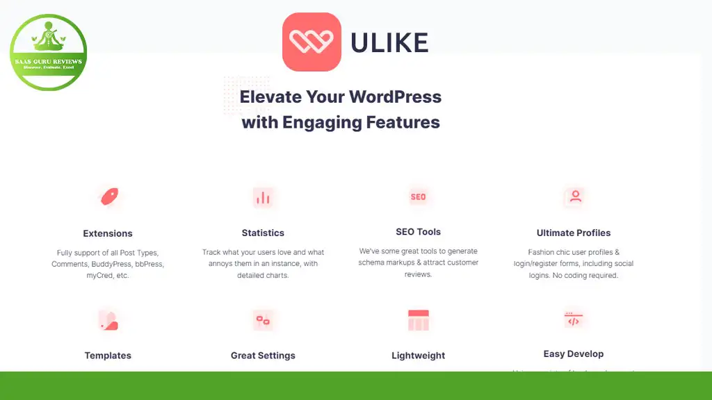 Promotional image for a WordPress plugin called ULIKE, highlighting features like extensions, statistics, SEO tools, ultimate profiles, templates, settings, lightweight design, and easy development.