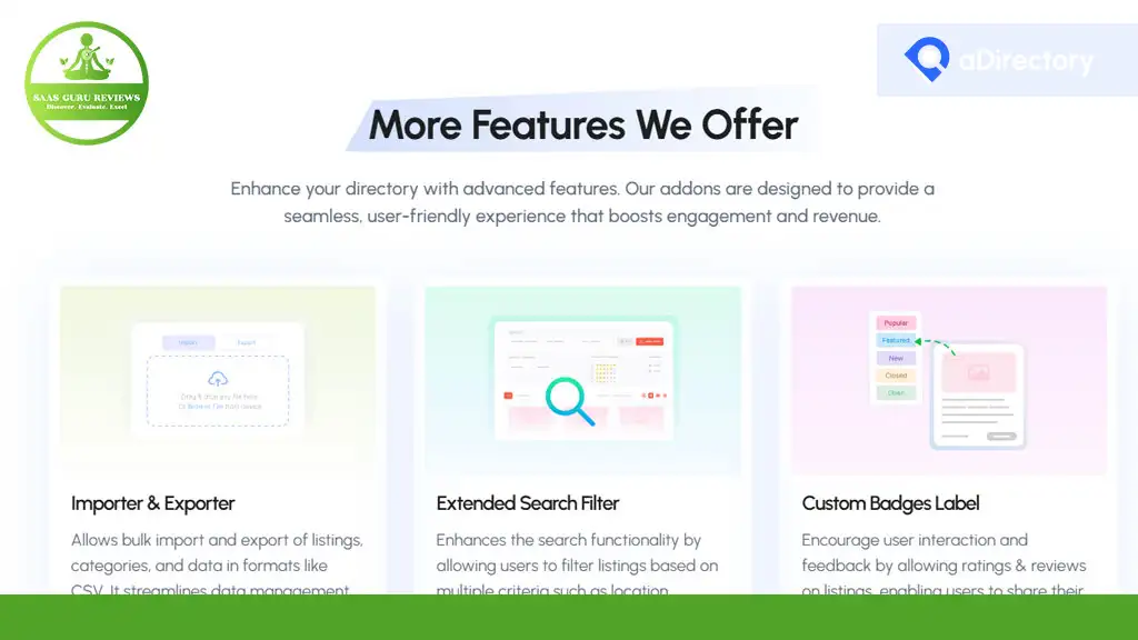 Features overview of a directory tool, including Importer & Exporter, Extended Search Filter, and Custom Badges Label for enhanced user engagement and design.