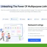 A directory plugin webpage highlighting multipurpose listings, specifically focusing on restaurant listings with options to find restaurants and read reviews.