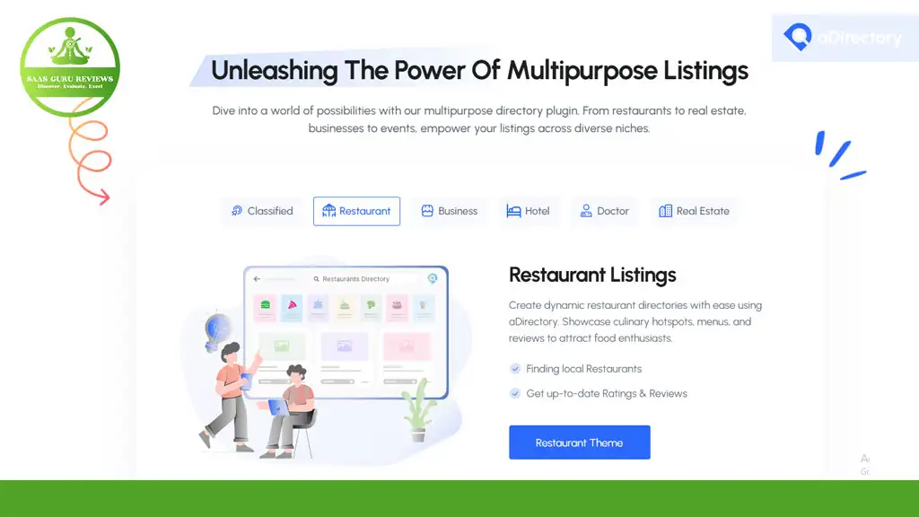 A directory plugin webpage highlighting multipurpose listings, specifically focusing on restaurant listings with options to find restaurants and read reviews.