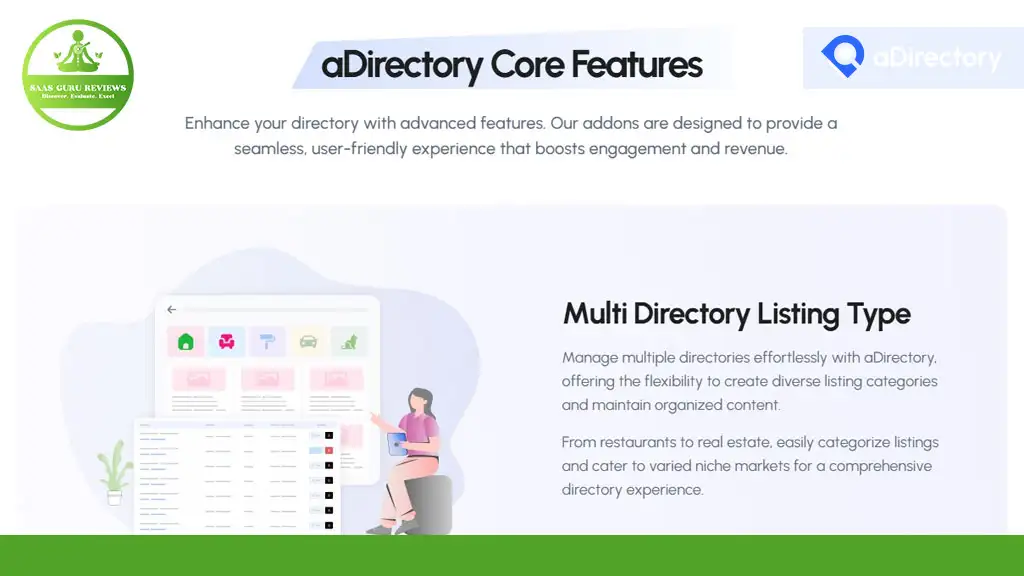 Illustration of a person sitting by a large screen. Text highlights features of aDirectory, focusing on managing multiple directory listings for various sectors.