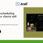 Advertisement for Zcal scheduling service featuring an example of a calendar page, a green drink, and a "Sign up free" button.