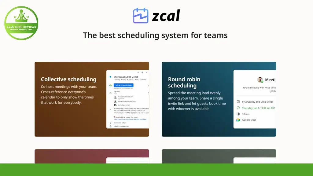 Screenshot displaying Zcal, a team scheduling system, featuring two options: Collective scheduling for team cross-referencing and Round robin scheduling for distributing meeting loads.