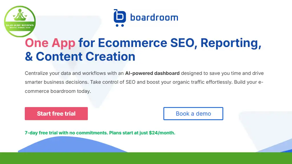 Advertisement for the Boardroom app, highlighting features for ecommerce SEO, reporting, and content creation. Includes options for a free trial and demo. Starting at $24/month.