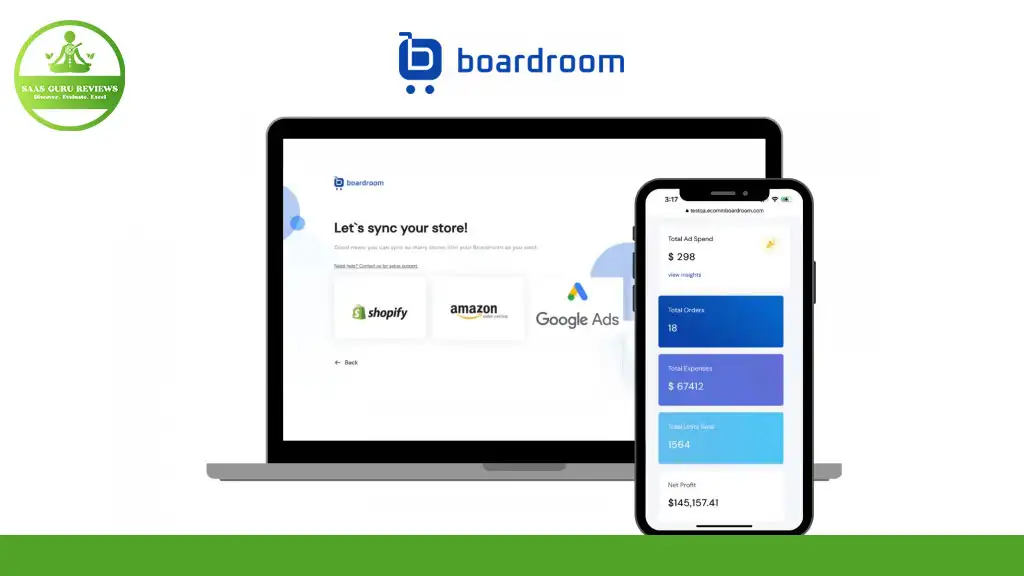 A laptop and smartphone display the Boardroom app interface, showing integration options for Shopify, Amazon, and Google Ads. A green "S.A.S OUR REVIEWS" logo is in the top left corner.