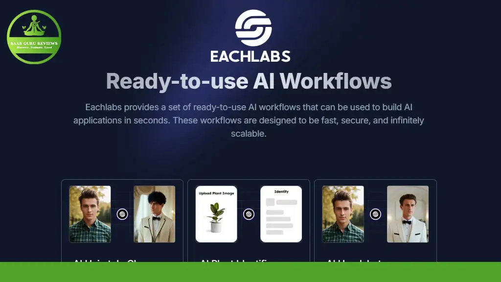 Eachlabs website showcasing ready-to-use AI workflows, featuring image processing with a user interface and branding elements.