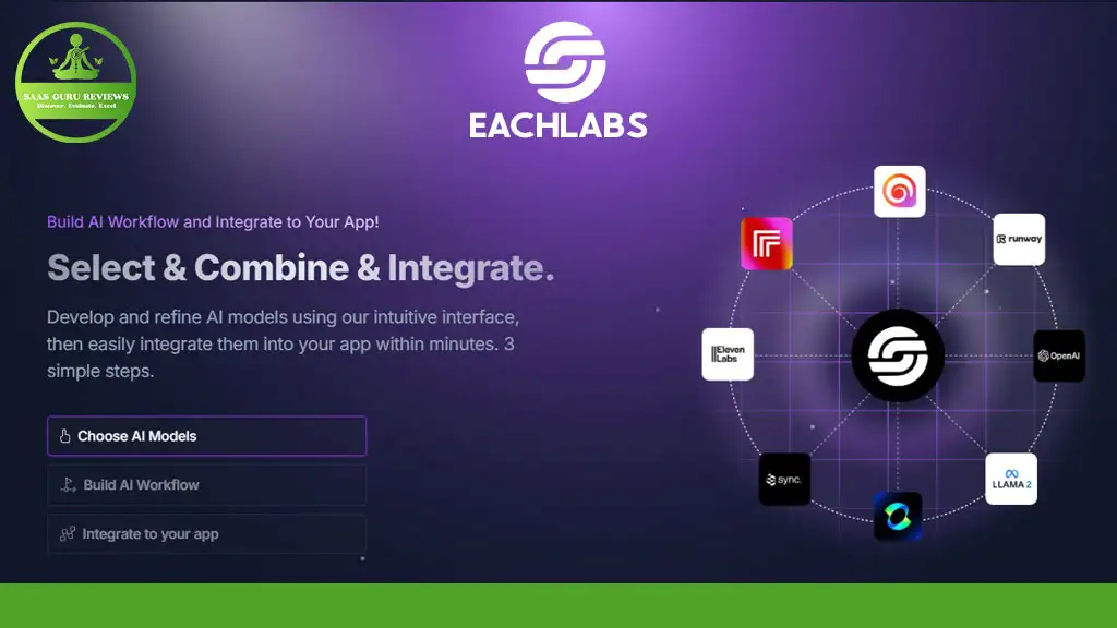 Eachlabs interface displaying AI workflow integration with app icons on a purple background. Options to select, combine, and integrate AI models are shown on the left.
