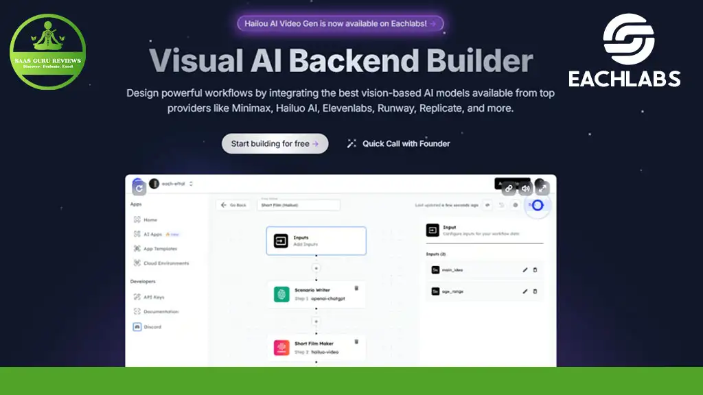 Screenshot of a webpage for Visual AI Backend Builder, showcasing a revolution in video generation from top providers with quick founder contact. Features logos of Halou AI Video Gen and Eachlabs, emphasizing cutting-edge technology.