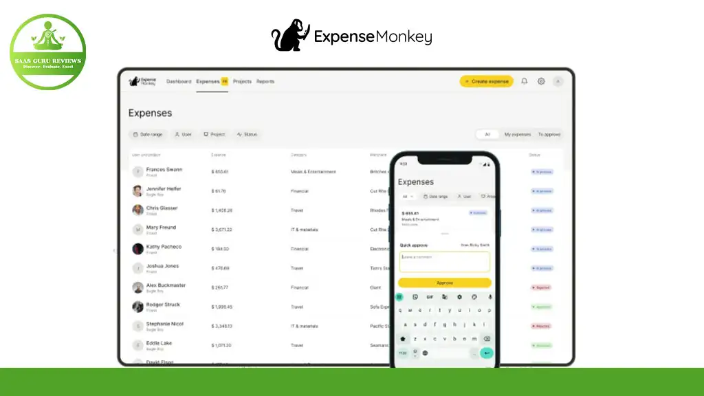 Computer and smartphone display the ExpenseMonkey app, showcasing an expenses list with names, categories, and amounts.