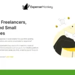 ExpenseMonkey webpage featuring an illustration of a person sitting and writing. Text promotes expense management for freelancers and small businesses. Green and white color scheme.