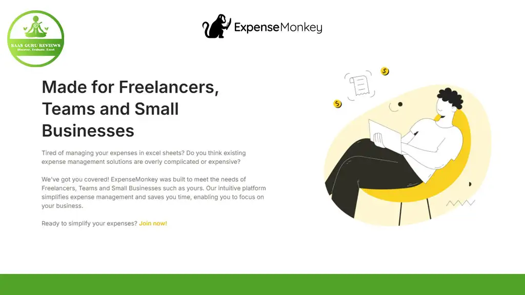 ExpenseMonkey webpage featuring an illustration of a person sitting and writing. Text promotes expense management for freelancers and small businesses. Green and white color scheme.