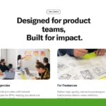 Website section showcasing product features for agencies and freelancers, including images of people working at desks and hand-drawn sketches. Upper corner displays "5.6 & Over Reviews" logo.