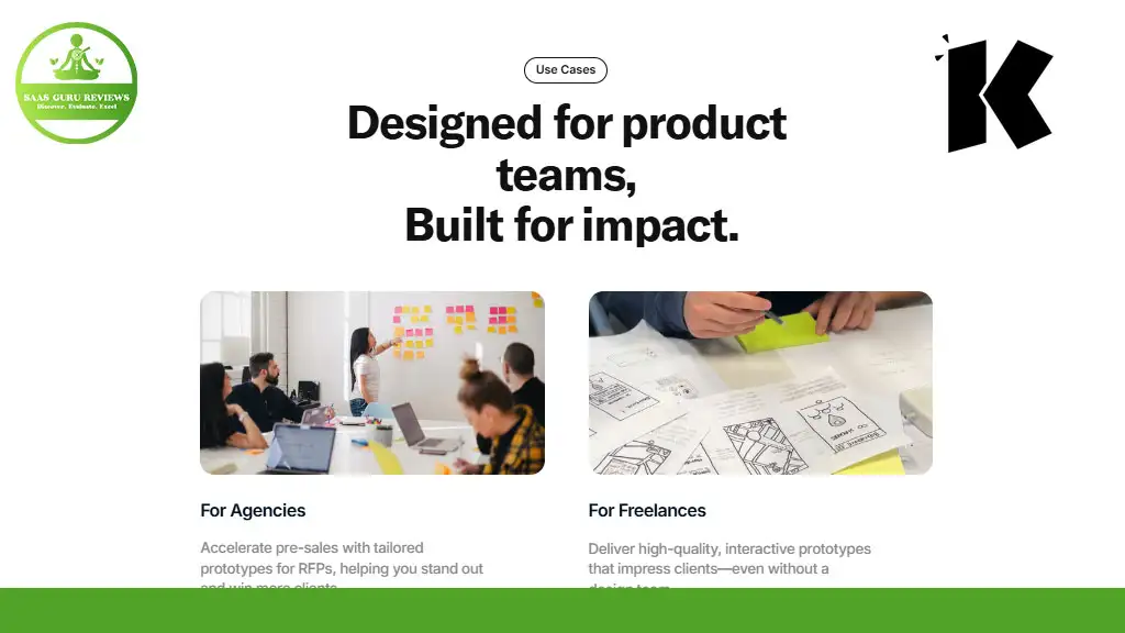 Website section showcasing product features for agencies and freelancers, including images of people working at desks and hand-drawn sketches. Upper corner displays "5.6 & Over Reviews" logo.