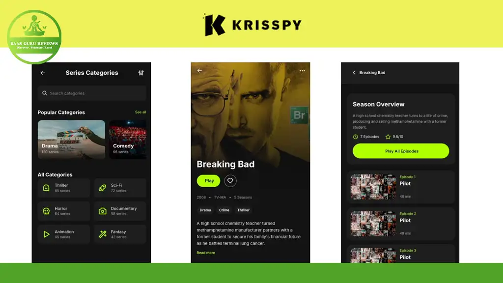 Three screenshots showing a streaming app interface with categories, a featured "Breaking Bad" page, and a season overview list.