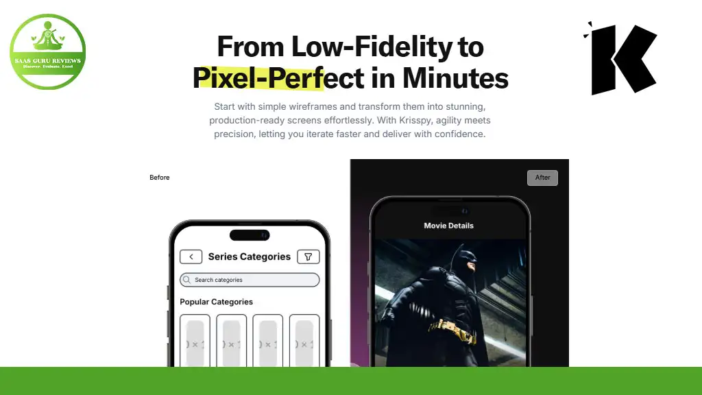Side-by-side comparison of a low-fidelity wireframe and a high-fidelity app interface on a smartphone screen. Text above describes transforming wireframes into production-ready screens using a software.