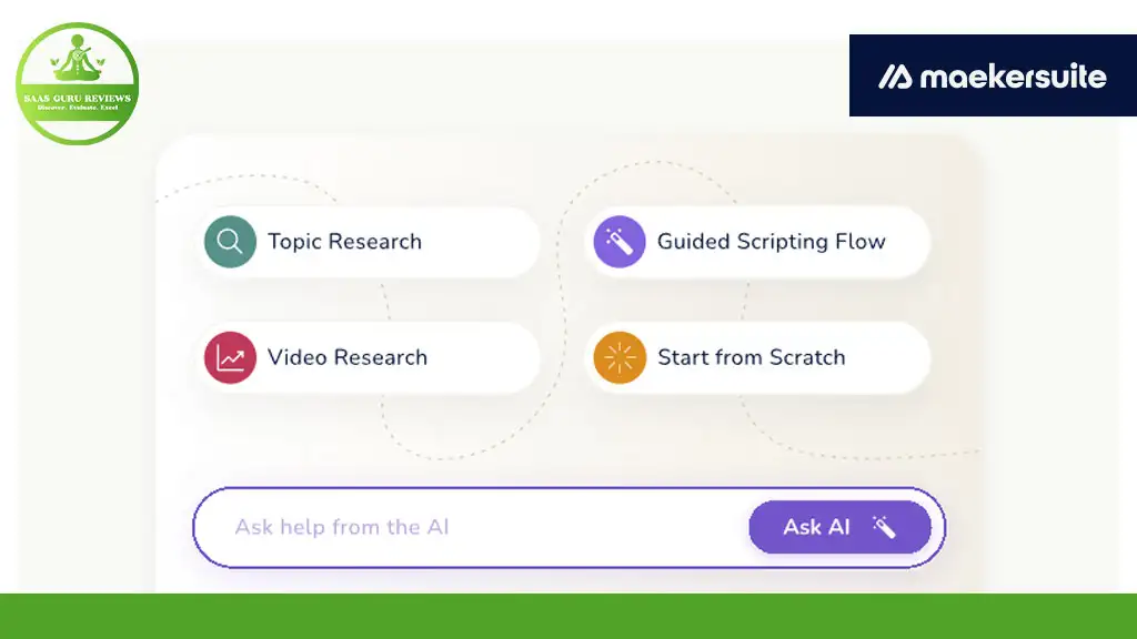 User interface of a research tool showing options: Topic Research, Video Research, Guided Scripting Flow, and Start from Scratch. A text box with "Ask help from the AI" is at the bottom.