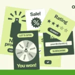 A collage of promotional graphics with words like "Sale!", "Let's Spin", and "You won!" on a light green background highlights effective marketing. Logos for SAS Club Reviews and Onvocado showcase impressive conversion strategies.