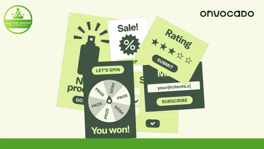 A collage of promotional graphics with words like "Sale!", "Let's Spin", and "You won!" on a light green background highlights effective marketing. Logos for SAS Club Reviews and Onvocado showcase impressive conversion strategies.