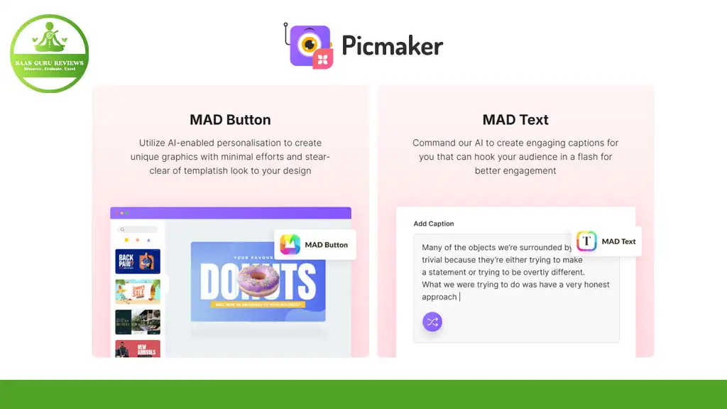 Screenshot showing features of Picmaker, including "MAD Button" for graphic creation and "MAD Text" for AI-assisted text generation, with a logo on the top.