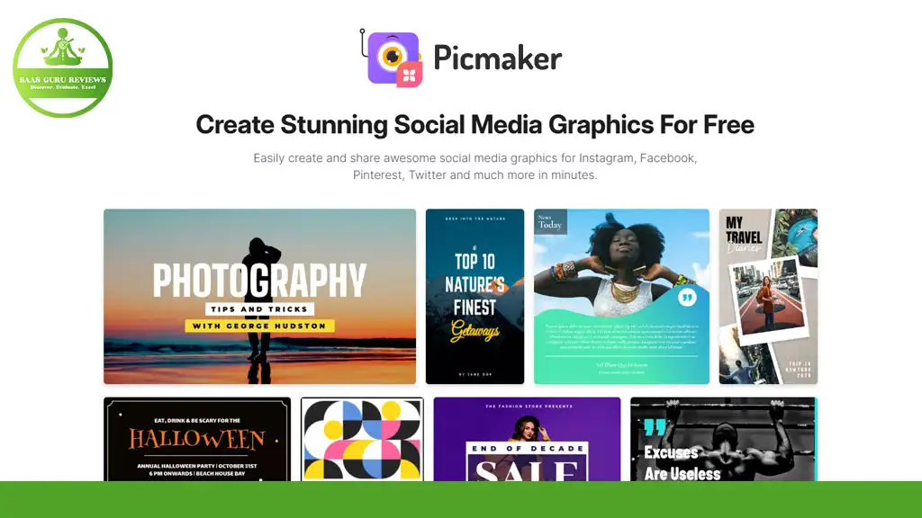 Picmaker webpage displaying a banner with text and thumbnail images of various graphic templates for social media, including topics like photography and sales.