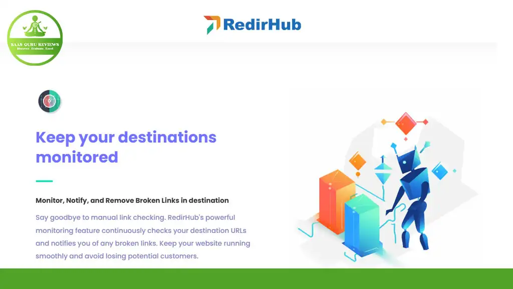 Website screenshot featuring RedirHub logo. Text describes the service: “Keep your destinations monitored” with features to monitor, notify, and remove broken links.
