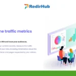 Illustration of three people at a desk viewing data on a large screen, showing charts and graphs. Text reads "Real-time traffic metrics" with a logo in the top corner.